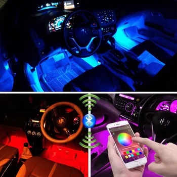 4pcs 12LEDs Įvairių Spalvų LED Automobilio Salono APP Muzikos Valdymo RGB Underdash Neonas, Juostelės Apšvietimas Rinkinys
