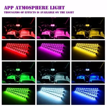 4pcs 12LEDs Įvairių Spalvų LED Automobilio Salono APP Muzikos Valdymo RGB Underdash Neonas, Juostelės Apšvietimas Rinkinys