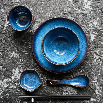 5vnt viename rinkinyje mėlynas keraminiai valgomieji 1 asmuo vakarienė nustatyti plokštė dubenėlį, puodelį padažu patiekalas porceliano indai