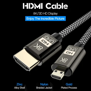 8K 60Hz HDMI 2.1 Kabelis, Mikro HDMI į HDMI Adapteris Auksą, Padengtą Male-Male vaizdo Kabelis Ethernet už SLR Fotoaparatas HDTV TELEVIZIJA, Telefonas, Tabletės