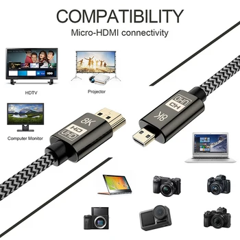 8K 60Hz HDMI 2.1 Kabelis, Mikro HDMI į HDMI Adapteris Auksą, Padengtą Male-Male vaizdo Kabelis Ethernet už SLR Fotoaparatas HDTV TELEVIZIJA, Telefonas, Tabletės