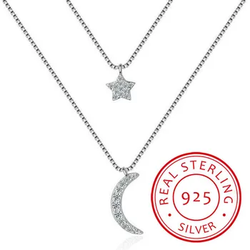 925 Sterlingas Sidabro Ilgai Star Mėnulis Choker Karoliai Pakabukas Mados Sterlingų-sidabro papuošalai Pareiškimą Karoliai Moterų Kolye