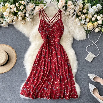 ALPHALMODA Paplūdimio Atostogų Suknelė Backless Kryžiaus Dungaree Suknelė Moterims Vasaros 2020 M. Naujas Gėlių Suknelė Aukšto Juosmens Dirželis Suknelė