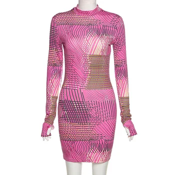ANJAMANOR Mados Rožinė Spausdinti ilgomis Rankovėmis Bodycon Mini Suknelė Moterų Žiemos 2020 M Sexy Gimtadienio Klubas Suknelės D83-BF19