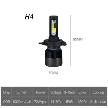 ATcomm H7, H1 LED mini 12V Automobilio Žibintai Lemputės H4 H11/H8/H9 9005/HB3 9006/HB4 Auto Lempos COB 8000Lm 6500K 72W 24V Super Balta