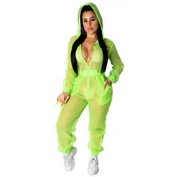 Adogirl skaidrus zip-up gobtuvu jumpsuits lady kietas raišteliu juosmens sporto dėvėti seksualių moterų Gobtuvu Wrap Puloveriai šviesus kostiumas