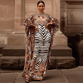Afrikos Suknelės Moterų Plius Dydis Zebras Spausdinti Dashiki Elegantiškas Ponios Suknelė Musulmonų Abaja Kaftan Šikšnosparnių Rankovėmis V-kaklo, Rūbeliai