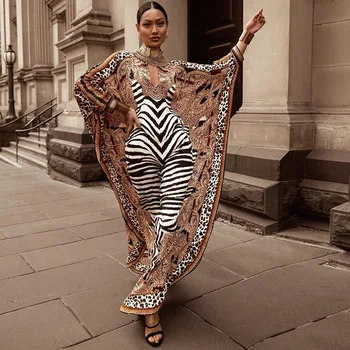 Afrikos Suknelės Moterų Plius Dydis Zebras Spausdinti Dashiki Elegantiškas Ponios Suknelė Musulmonų Abaja Kaftan Šikšnosparnių Rankovėmis V-kaklo, Rūbeliai