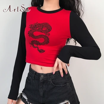 ArtSu Dragon Spausdinti Pagrindinio Marškinėlius Moterims Harajuku Long Sleeve Tee Marškinėliai Femme Kratinys Atsitiktinis Derliaus T Shirt Ladies Rudenį ASTS21268