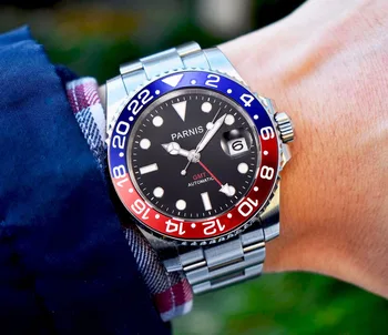 Atsitiktinis 40mm Parnis Automatinė vyriški Laikrodžiai Juodos Raudonos spalvos Bezel Gumos juosta GMT Kalendorius Naras Vyrų Mechaninė Žiūrėti de luxe horloges