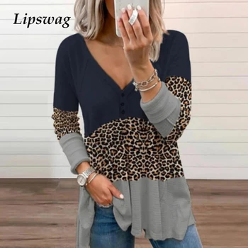 Atsitiktinis Palaidų Ilgomis Rankovėmis Palaidinė Marškinėliai Moterims 2021 Pavasario Mados Kratinys Leopard Viršūnes Lady V-Kaklo Mygtuką Puloveris Blusa Elegantiškas