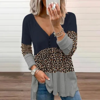Atsitiktinis Palaidų Ilgomis Rankovėmis Palaidinė Marškinėliai Moterims 2021 Pavasario Mados Kratinys Leopard Viršūnes Lady V-Kaklo Mygtuką Puloveris Blusa Elegantiškas