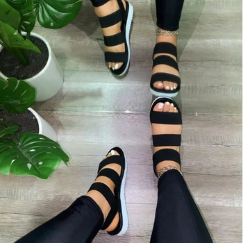Atsitiktinis ir patogus visas rungtynes, Tuščiaviduriai elastinės juostos sagtis Smulkmena apačioje moterų sandalai vientisos spalvos plius dydis moterų sandalai