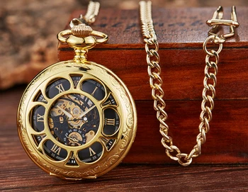 Aukso Aukso Mechaninė Vertus Vėjo Kišeniniai Laikrodžiai, Mėlyna Romėnišką Dial Mechaninė Flip Žiūrėti Vyrų Laikrodis Su Pakabuku, Grandinės, Dovanų Dėžutėje