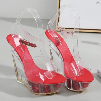 Aukštakulnį 14cm Sandalai PVC Skaidri Stiletto Sandalai Vasarą Pleišto Moterų Sandalai Vestuvių Ponios Sandalai Šalies Bendrosios Batai