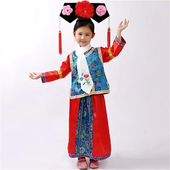 Aukštos Kokybės Šilko Audinys Siuvinėjimui Vaikas Senovės Kostiumas Kinijos Čing Dinastija Zen Mozaika Hanfu Mandžiūrijos Vėliavos Kostiumu Mergina Foto Prop