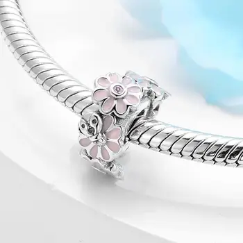 Autentiškas 925 Sterling Silver pink CZ Emalio gėlių Kamštis tarpiklis karoliukai Tinka Originalios Moterų Žavesio Apyrankę Fine Jewelry making