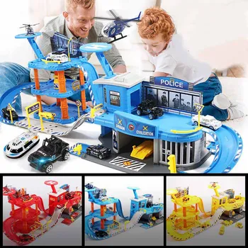 Automobilių stovėjimo Aikštelė Žaislas Nustatyti Stop Multi-automobilių Didelis Inžinerijos Policijos Gaisro Geležinkelio Automobilių Garažas Berniukas Žaislas Vežimėlis Miniatiūriniai Orlaivio Modelis