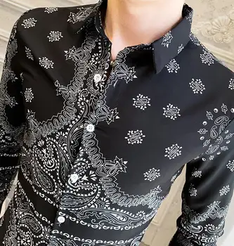 Azijos Dydžių Slim Fit Marškinėliai Vyrams Mados Korėja Stiliaus ilgomis Rankovėmis Vyrų Gėlių Spausdinti Marškinėliai Verslo Atsitiktinis Mens Prekės ženklo Drabužių 3XL