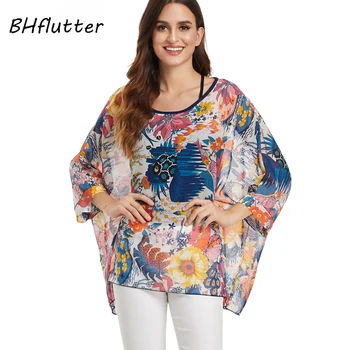 BHflutter Vasaros Viršūnes Moterų 2019 Mados Batwing Atsitiktinis Palaidų Šifono Palaidinės, Marškinėliai Gėlių Spausdinti Boho Paplūdimio Palaidinė Blusas