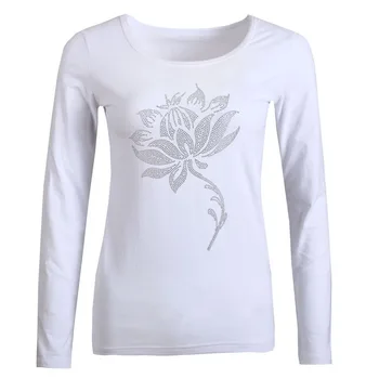 BLINGSTORY Naujo Dizaino Rudenį T-Shirt Moterims, kalnų krištolas Gėlių Spausdinti, O-kaklo, ilgomis Rankovėmis Atsitiktinis T Marškinėliai su Deimantu, LP5259026