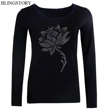 BLINGSTORY Naujo Dizaino Rudenį T-Shirt Moterims, kalnų krištolas Gėlių Spausdinti, O-kaklo, ilgomis Rankovėmis Atsitiktinis T Marškinėliai su Deimantu, LP5259026