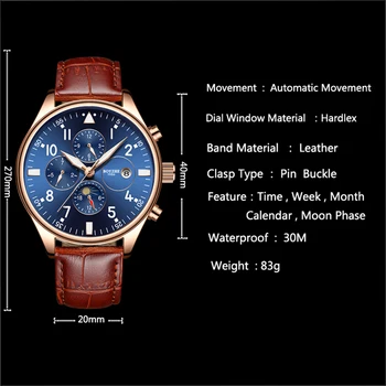 BOYZHE Mens Sporto Mechaninė Žiūrėti Mėlyna Pažodinis Šviesos Multi-funkcija Mėnulio Fazės Odinis Dirželis Vyrų Automatinis Laikrodžiai Reloj