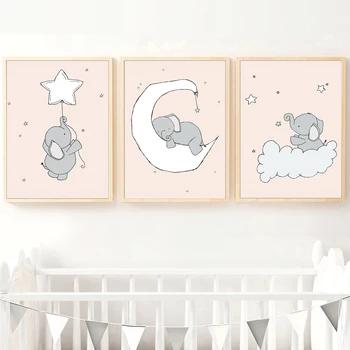 Baby Dramblys Moon Star Debesų Sienos Meno Tapybos Drobės Šiaurės Plakatų Ir Grafikos Animacinių Filmų Sienos Nuotraukos, Vaikų Kambario Dekoro