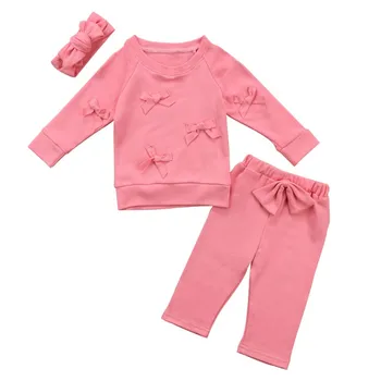 Baby Girl Nustatyti Asmenybės Stilingas Vientisos Spalvos Marškinėliai + Patogus Bowtie Dekoro Kelnės Vaikams Drabužių Rinkinys