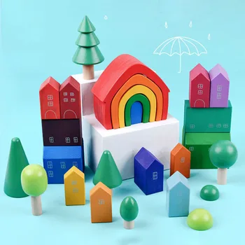 Bamblys Playset Montessori ir rūmuose waldorf Įkvėpė Vaivorykštė, Mediniai Žaislai, Spalvinga Vaivorykštė Blokai Švietimo Žaislai Vaikams Dovanos