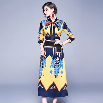 Banulin 2019 Mados kilimo ir tūpimo Tako Rudens Dress Moterų ilgomis Rankovėmis Lankas Kaklo Spalvotų Gėlių Spausdinti Midi Elegantiška Vintage Suknelė