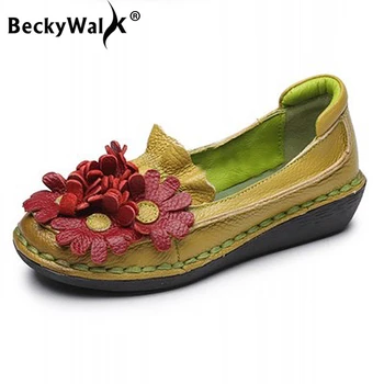 BeckyWalk Patogiai vaikščioti Pėsčiomis Moteris Pavasarį, Rudenį natūralios Odos Gėlės Butai, Batai Moterims, Minkštas Vienintelis Ponios Batai WSH2948