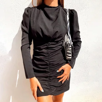 Beyouare Rudenį Elegantiškas Moterų Golfo Sluoksniuotos Rankovėmis Slim Raukšlės Mini Suknelė 2020 Juoda Abrikosų Mados Atsitiktinis Streetwear Suknelės