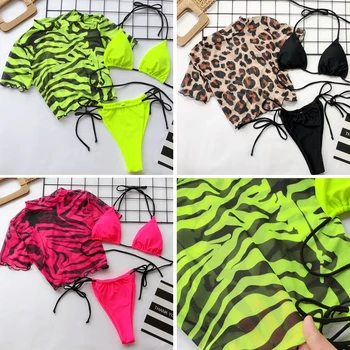 Bikinx Pasėlių viršuje, sporto maudymosi kostiumėliai moterims 2019 3 gabalus bikini thong matyti per maudymosi kostiumėlį moterų maudymosi kostiumą, Neoninė žalia bikini komplektas