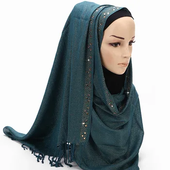 Blizgučiai Lurex Musulmonų Medvilnės Hijab Šalikas su Ilgio Kutai Aukso kalnų krištolas Skara Islamo Tudung Moterų Ramadanas Apsiaustas Skarelė