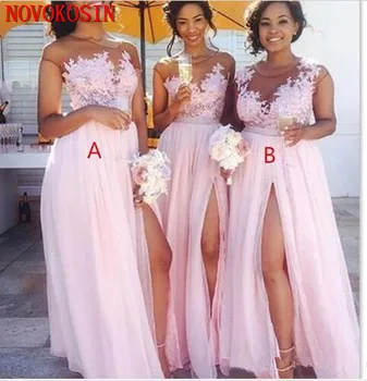 Blush Pink Bridesmaid Dresses 2020 M., Seksualus, Grynas Perlas kaklo Nėrinių Appliques Tarnaitė Garbės Suknelės Padalinta Oficialią Šalies Chalatai Dėvėti