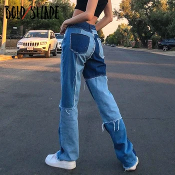 Bold Atspalvį Čiuožėjas Mergina Stiliaus Džinsus Mados Kratinys Kutas Aukšto Juosmens Džinsinio audinio Kelnės 90-ųjų Derliaus Y2K Streetwear Tiesios Kelnės