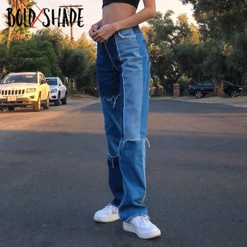 Bold Atspalvį Čiuožėjas Mergina Stiliaus Džinsus Mados Kratinys Kutas Aukšto Juosmens Džinsinio audinio Kelnės 90-ųjų Derliaus Y2K Streetwear Tiesios Kelnės