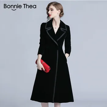 Bonnie Thea žiemos juodo Aksomo, paltai ir striukės moterims rudenį moteris ilgą striukę, paltą darbo striukė moterims, drabužiai 2018
