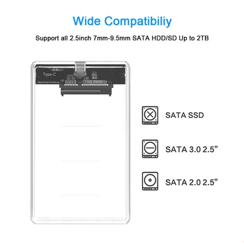 CHIPAL Skaidrus 2.5 colių HDD SSD Atveju Sata į USB 3.1 C Tipo Adapteris Nemokamai 5 Gb / s Box Kietojo Disko Gaubto Paramos 2TB UASP