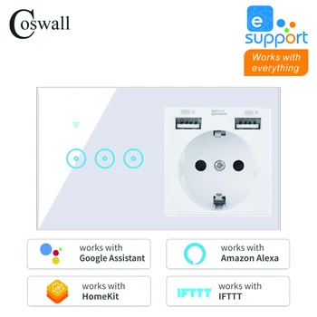 COSWALL ES Lizdas +2 USB Įkrovimo lizdas , Wifi Touch Wall Šviesos Jungiklis Dirbti Su Alexa 