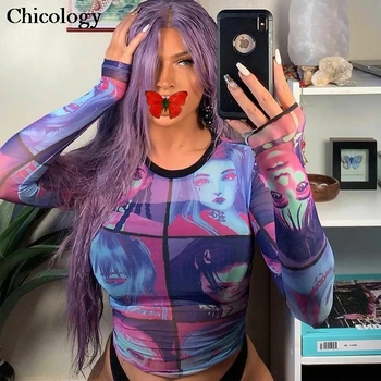 Chicology mergina spausdinti streetwear akies T-shirt 2020 metų vasaros ilgomis rankovėmis mados estetinės marškinėliai moterims neon grafika drabužius moteris