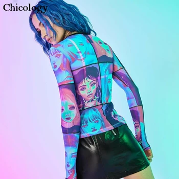 Chicology mergina spausdinti streetwear akies T-shirt 2020 metų vasaros ilgomis rankovėmis mados estetinės marškinėliai moterims neon grafika drabužius moteris