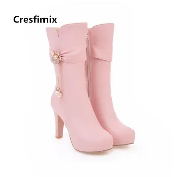 Cresfimix bottes femmes moterų mados plius dydis nuo 34 iki 43 aukšto kulno batai panele laisvalaikio aukštos kokybės ilgi batai rudens batai a6019