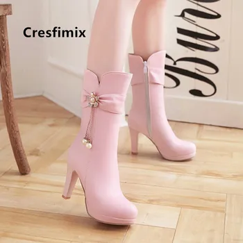 Cresfimix bottes femmes moterų mados plius dydis nuo 34 iki 43 aukšto kulno batai panele laisvalaikio aukštos kokybės ilgi batai rudens batai a6019