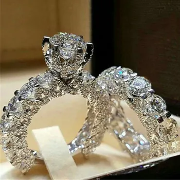 Crystal Moterų Cirkonis Vestuvių Žiedas Mados Sidabro Spalvos Nuotakos Rinkiniai Papuošalų Žada Meilę, Sužadėtuvių Žiedai Moterims