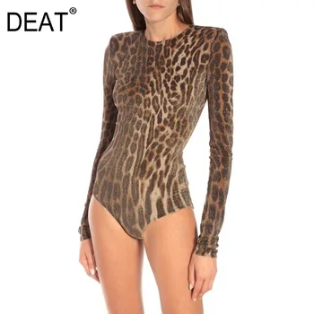 DEAT apvalios kaklo visą rankovėmis leopardas spausdinti seksualus plaukti bodysuit komplektai visų rungtynių mados WO14404L