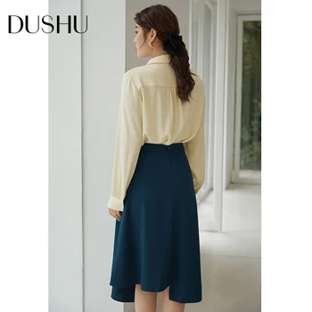 DUSHU Tvarstis elegantiška mėlynos asimetriškas sijonas Moterų plius dydis aukšto juosmens ilgas sijonas Rudens žiemos office lady-line sijonas 2020 m.