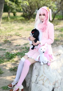 Danganronpa 2 Monomi Pink, White Rabbit Vienodas Suknelė Przybornik Anime Cosplay Kostiumai, Dangan Ronpa Balta Rausva Mišinys Sintetinių Plaukų