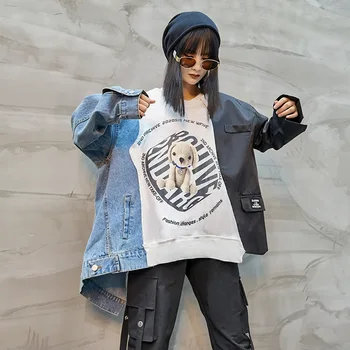 Daugybė Moteriškų Drabužių Hoodies Paauglių Gatvės Harajuku Hip-Hop Marškinėlius Moterims Jean Spliced Prarasti Laisvalaikio Bliuzono LT127S50